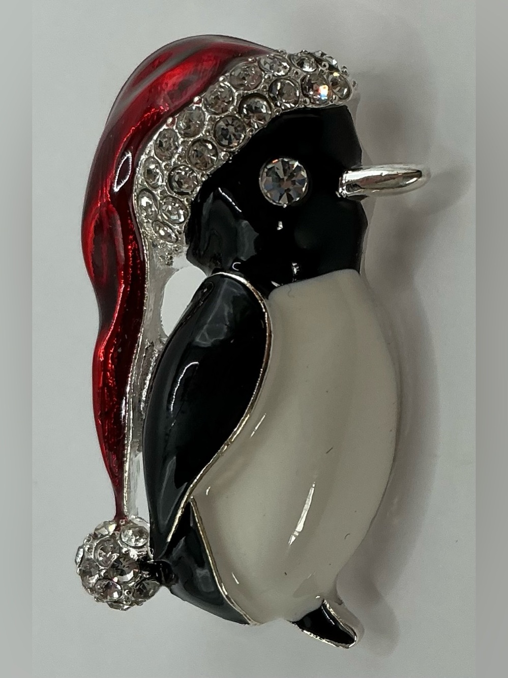 SILVER TONE ENAMEL RHINESTONE HOLIDAY DRESSED PENGUIN NWOT